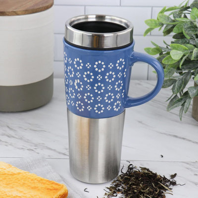 16 Oz Stoneware Travel Mug With Stainless Steel Base, Insulated Coffee Mug With Lid, Fits Car Cup Holder