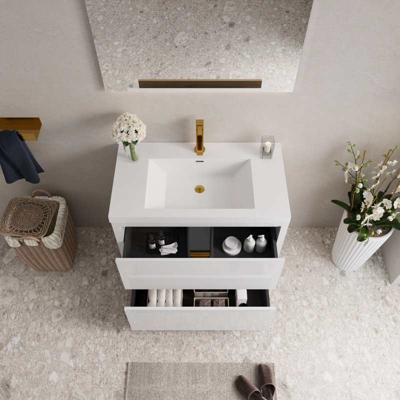 Installation pratique, matériaux de qualité supérieure, meuble-lavabo autoportant de style moderne pour salles de bain élégantes