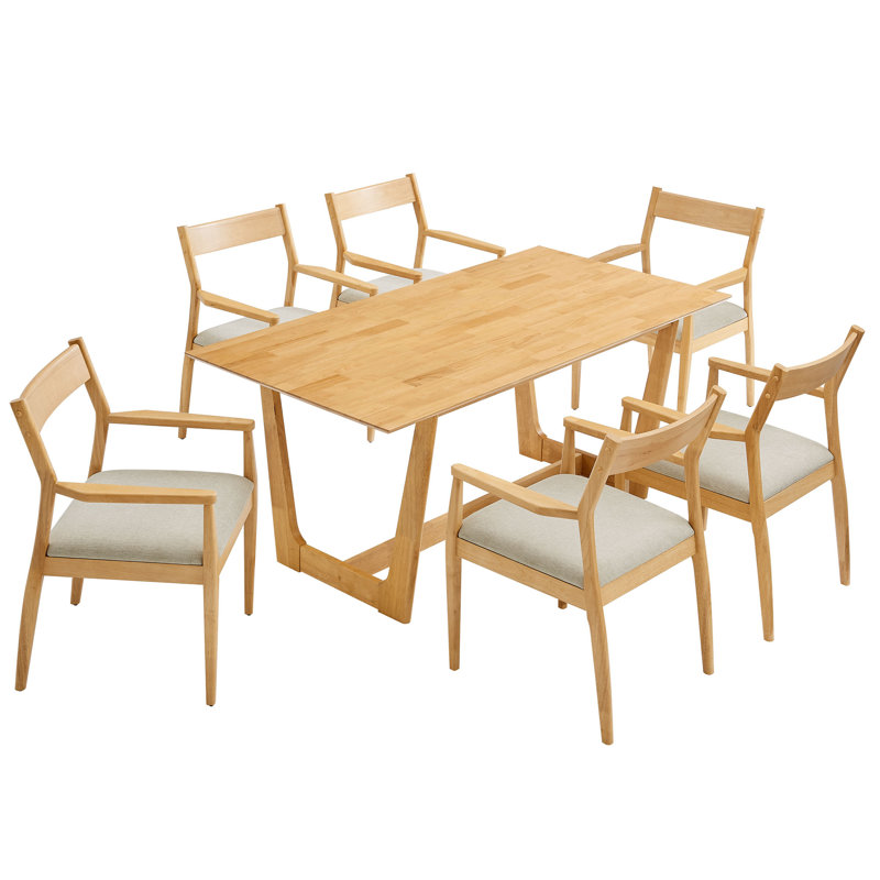 Solara 7-Piece Wood Dining Set With Fabric Upholstered Armchairs Heathered Weave Beige, Natural