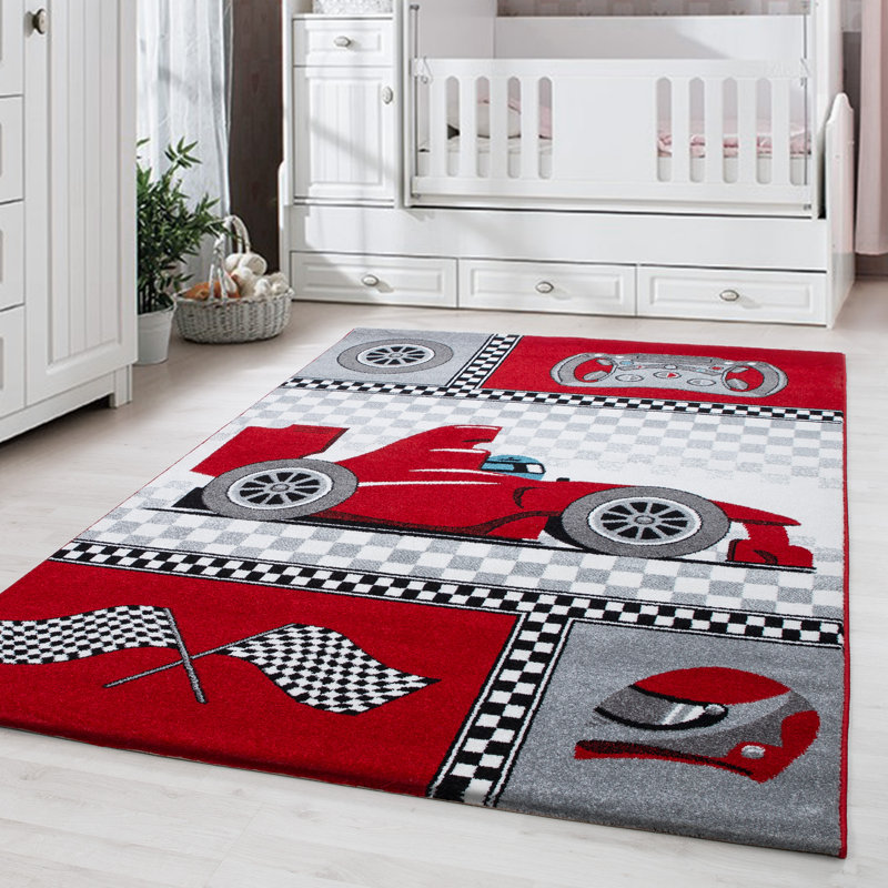 Kids Race Car Figurine Area Rug, Rectangular 140 x 200cm, Red