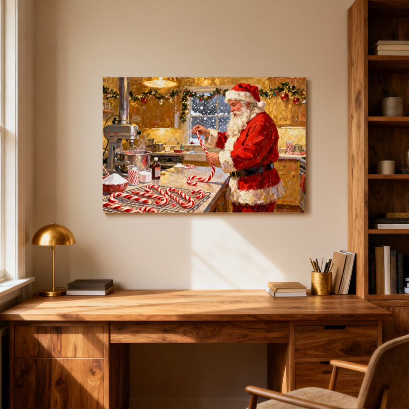 Père Noël faisant des cannes de bonbon dans la cuisine, H 16 po x l 24 po