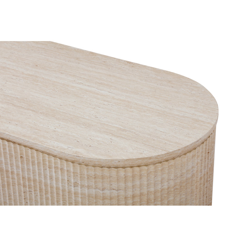 Table basse ovale moderne en travertin avec côtés cannelés - Plateau en pierre beige imitation marbre, piètement sculptural texturé, table basse minimaliste pour salon - Entièrement assemblée - 120 cm de large