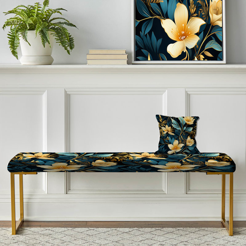 Upholstered Gold Bench, Tropical Twilight Ii Tropical Pattern I