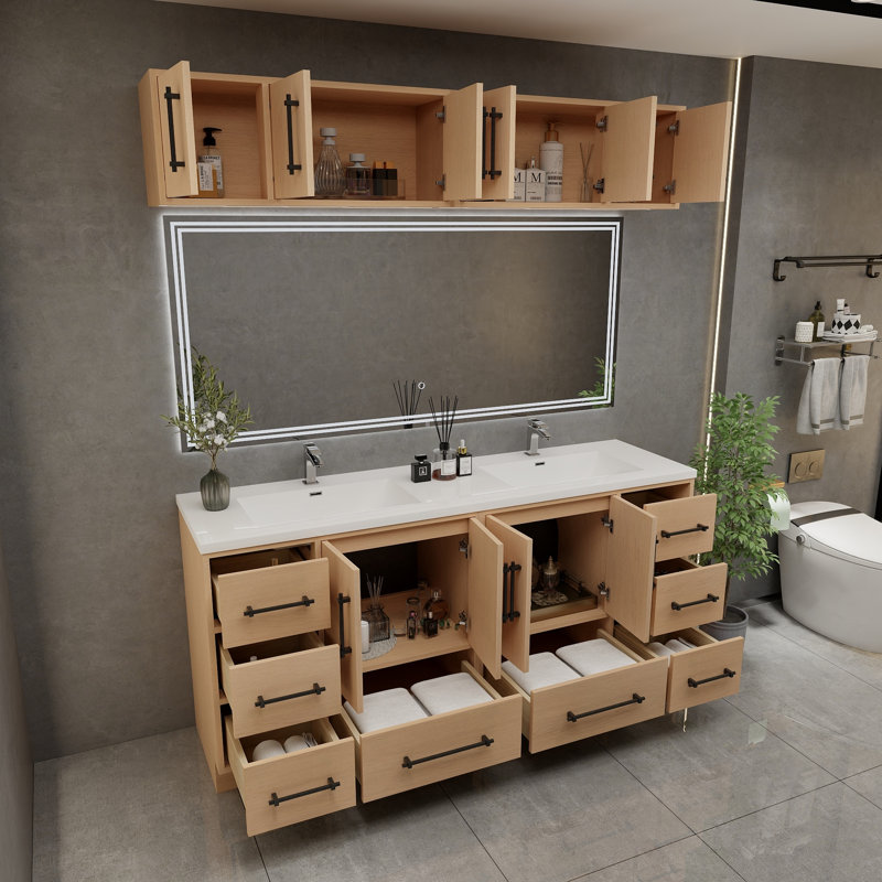 Meuble-lavabo autoportant de 72 po avec double lavabo en acrylique renforcé Victoria, Chêne jaune