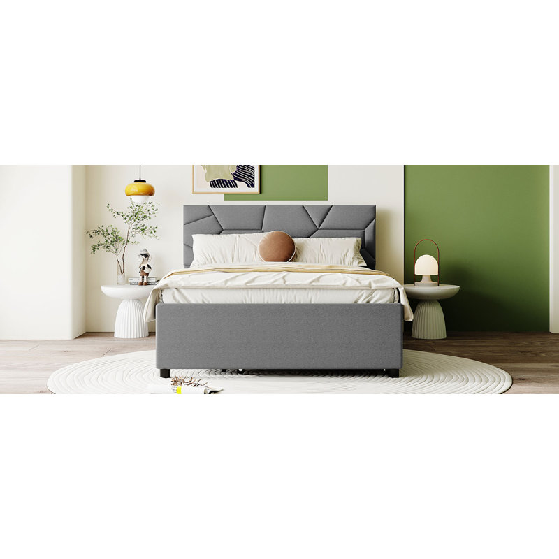 Lit plateforme tapissier avec lit gigogne, gris, Double