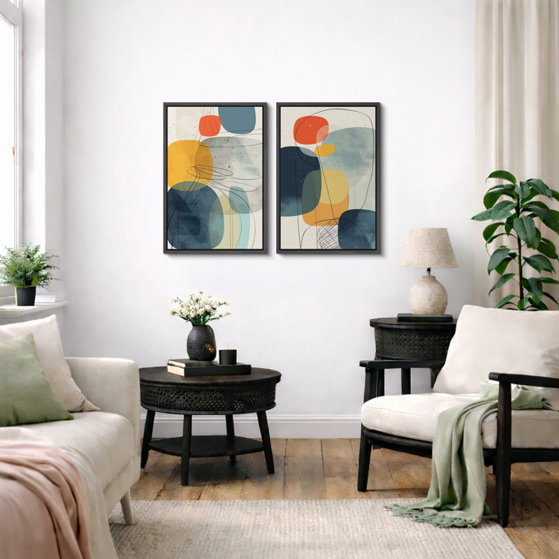 Mid Century Shape "Vibrant Blue & Yellow & Orange Polygon Artwork, Modern Abstract Geometric Wall Pictures, Framed Canvas Giclee Print 2 Pieces Wall Art Set" 16x24x2 pcs, 24x36x2 pcs