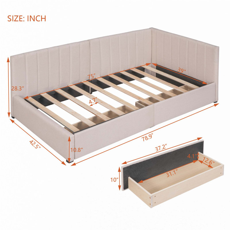 Upholstered Daybed with 2 Storage Drawers Twin Size Sofa Bed Frame No Box Spring Needed, Linen Fabric, Beige