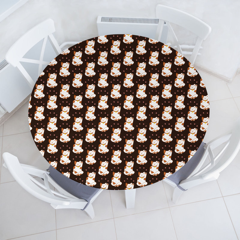 Union Rustic Japanese Cat Fitted Round Tablecloth Grey Multicolor 98686