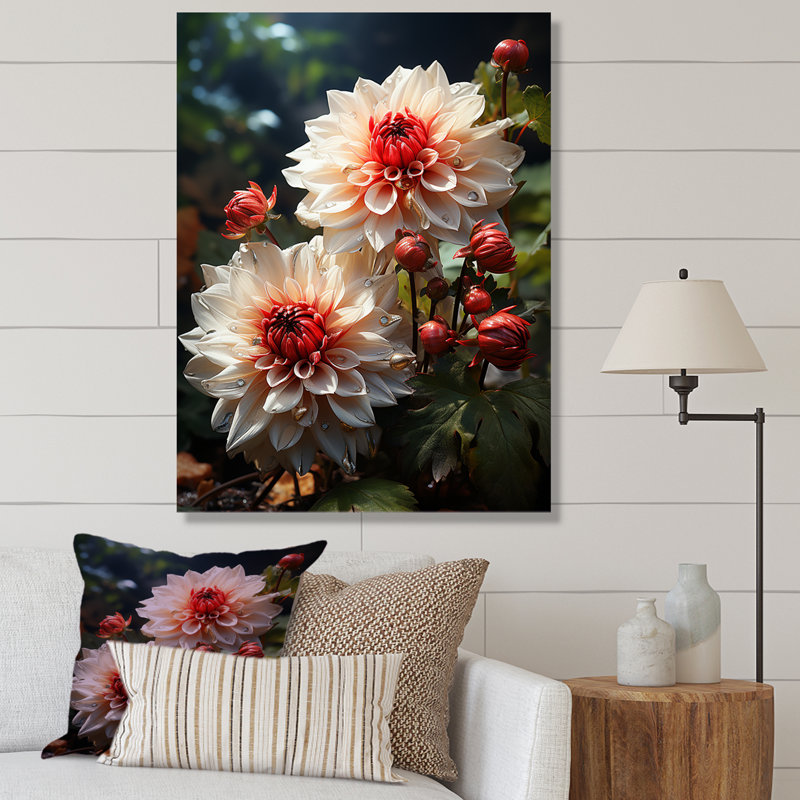 Red Dahlia Bouquet Harmony II - Dahlia, art mural, Cadre flottant noir, H 32 po x l 24 po x P 1 po