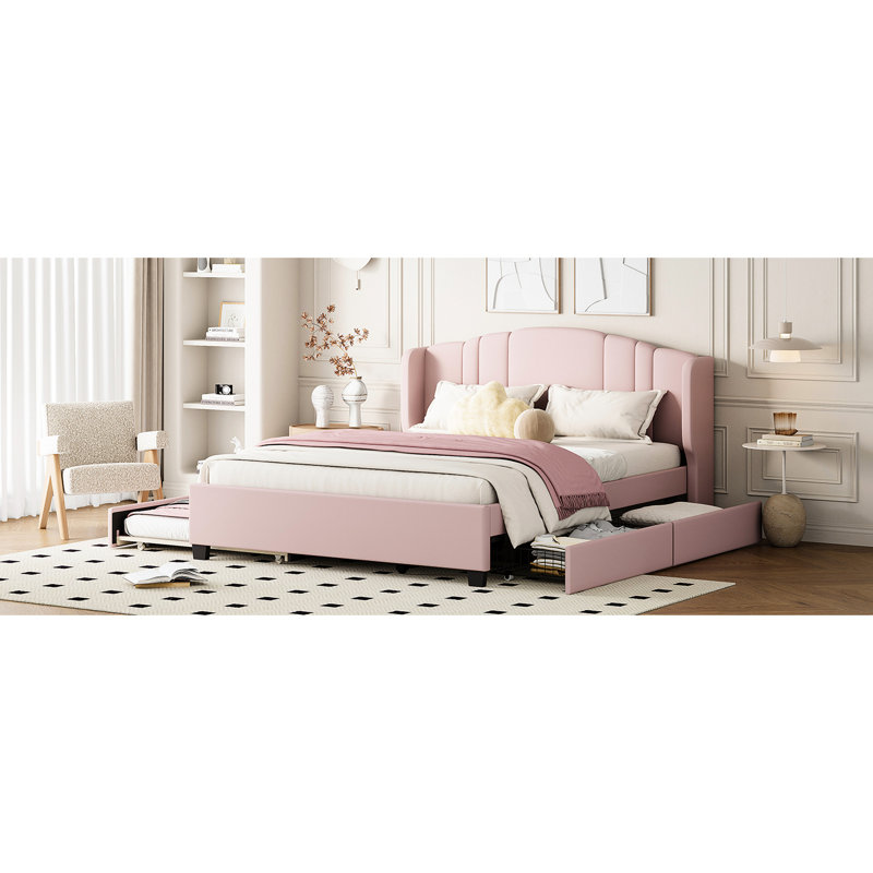 Lit plateforme tapissier rose avec tête de lit à oreilles confortable - sans sommier, 2 tiroirs et lit gigogne simple pour une chambre confortable