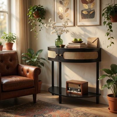 Table de bout unique en demi-lune avec porte coulissante en rotin, console élégante en demi-cercle avec 2 armoires de rangement en rotin et tablette inférieure pour le salon, la chambre à coucher, le bureau, le couloir (noir)