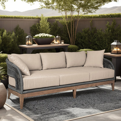 Canapé d'extérieur en bois d'eucalyptus vieilli avec corde grise et coussins en oléfine taupe