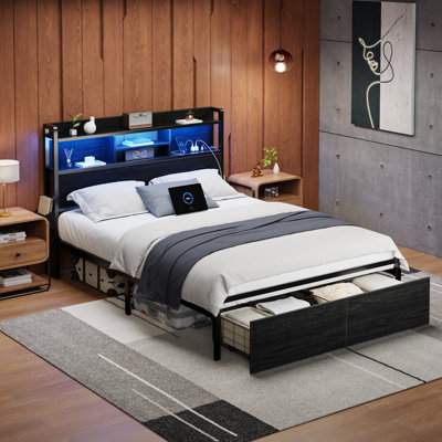 Queen Bed Frame with 2 Storage Drawers, Modern Platform Bed with Charging Station & LED Light, No Spring Box Needed