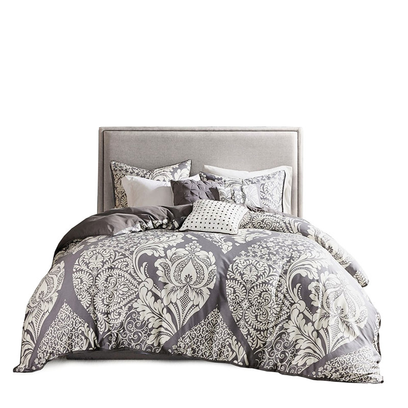 Lit double / grand avec motif complexe et literie en coton lavable à la machine