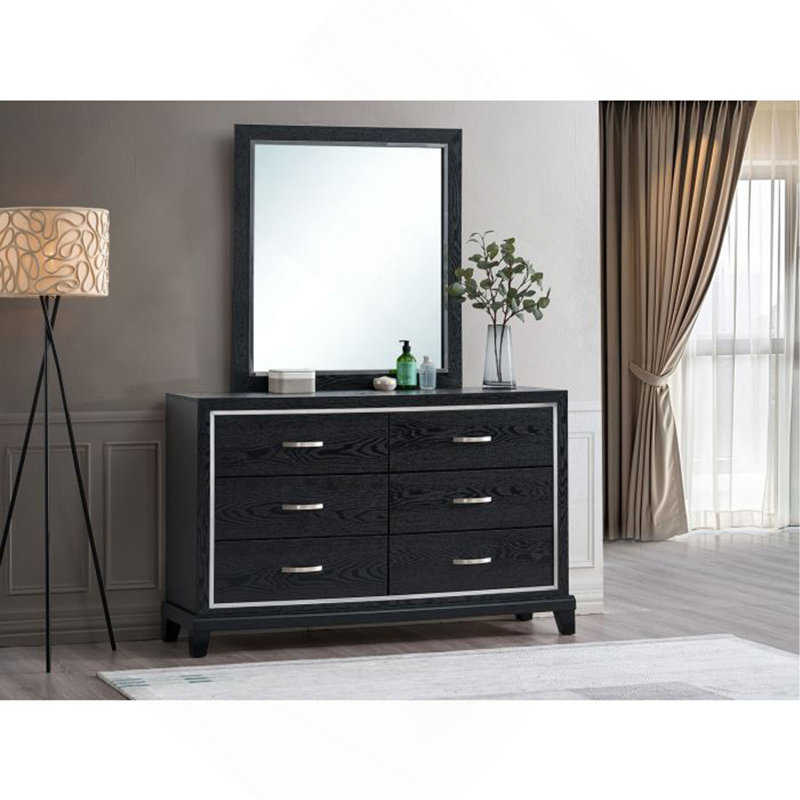 Commode 6 tiroirs avec bordure contrastante et poignées de bar, Noir