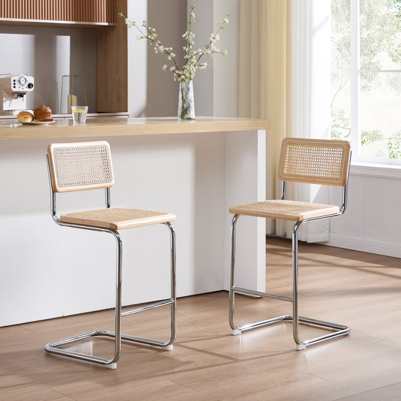 Crumley Natural Rattan 24.3" Counter Stool with Cane Rattan Back and Metal Frame, Natural, Chrome