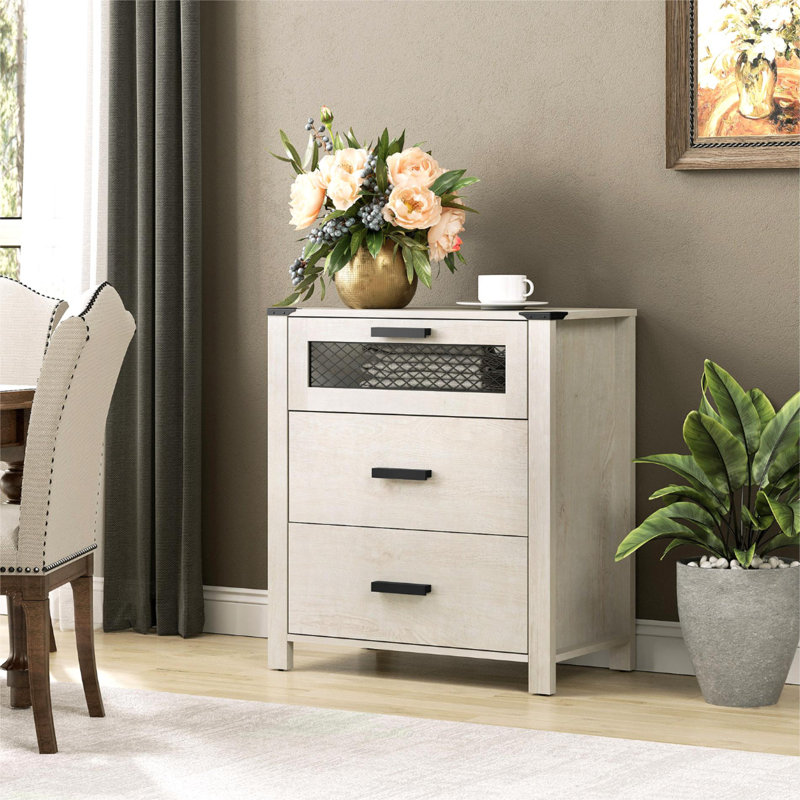 Commode avec commodes décoratives à 3 tiroirs et armoire de rangement en maille, blanc antique
