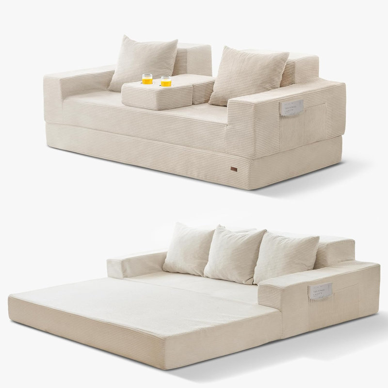 Boneless 4 In 1 Convertible Boneless Couch, Beige, 21" H x 80" W x 37.8" D 