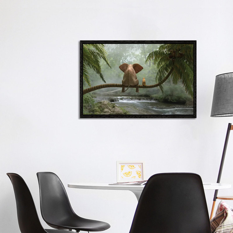Elephant And Dog Sit On A Palm Tree In Tropical Forest by Mike Kiev - Gallery-Wrapped Canvas Giclée on Canvas, Black Framed
