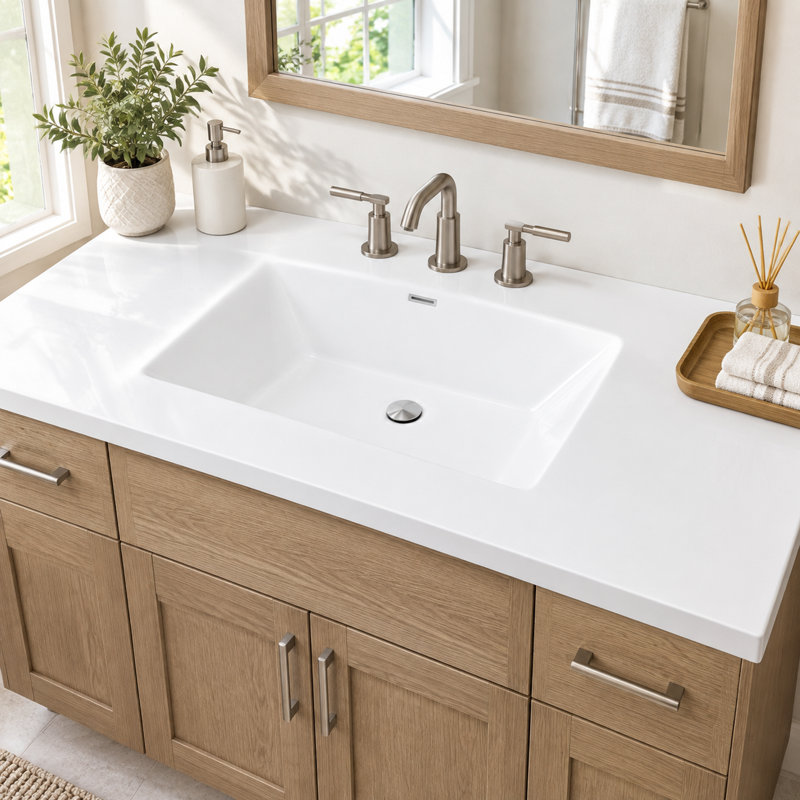 Dessus de meuble-lavabo en résine 47,25 po avec lavabo, blanc brillant, 3 trous pré-percés, encastré ou encastré