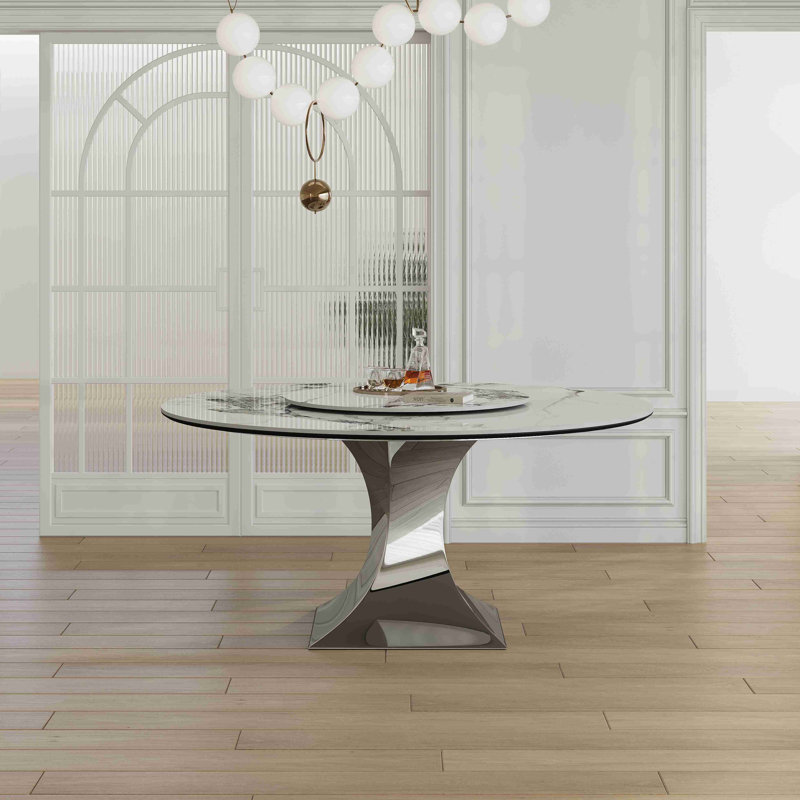 Ensemble de table de salle à manger ronde en pierre frittée avec base de sablier en acier inoxydable - Table de cuisine de luxe moderne d'aspect marbre pour 4-6, surface résistante aux égratignures et à la chaleur - (seulement la table)