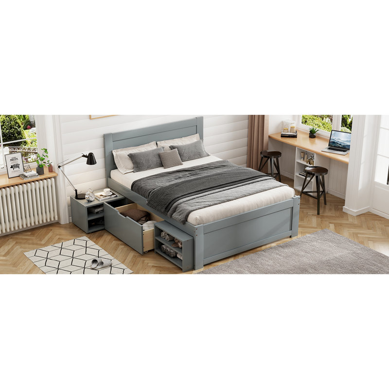 Lit plateforme simple avec tiroir et deux tablettes, Gris