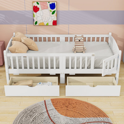 2 Drawers Platform Bed with Full-Length Guardrails and Sturdy Slats