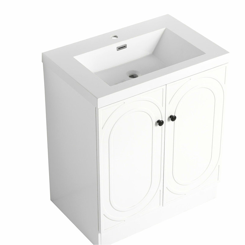 Meuble-lavabo autoportant de 30 po avec bol en résine blanche et 2 portes d'armoire à fermeture en douceur, Blanc
