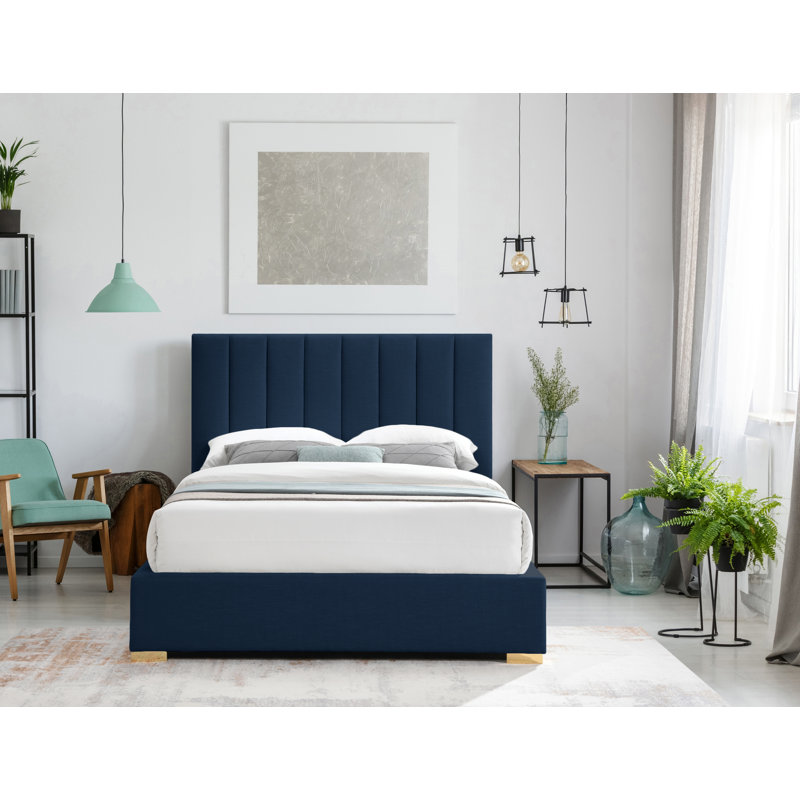Lit plateforme tapissier Pierce, Tissu texturé en lin bleu marine, Grand