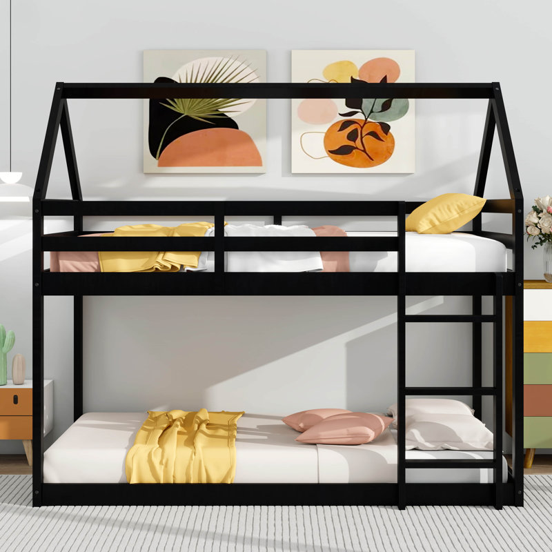 Twin Over Twin House-Shaped Floor Bunk Bed, With Ladder,Guardrails, Black