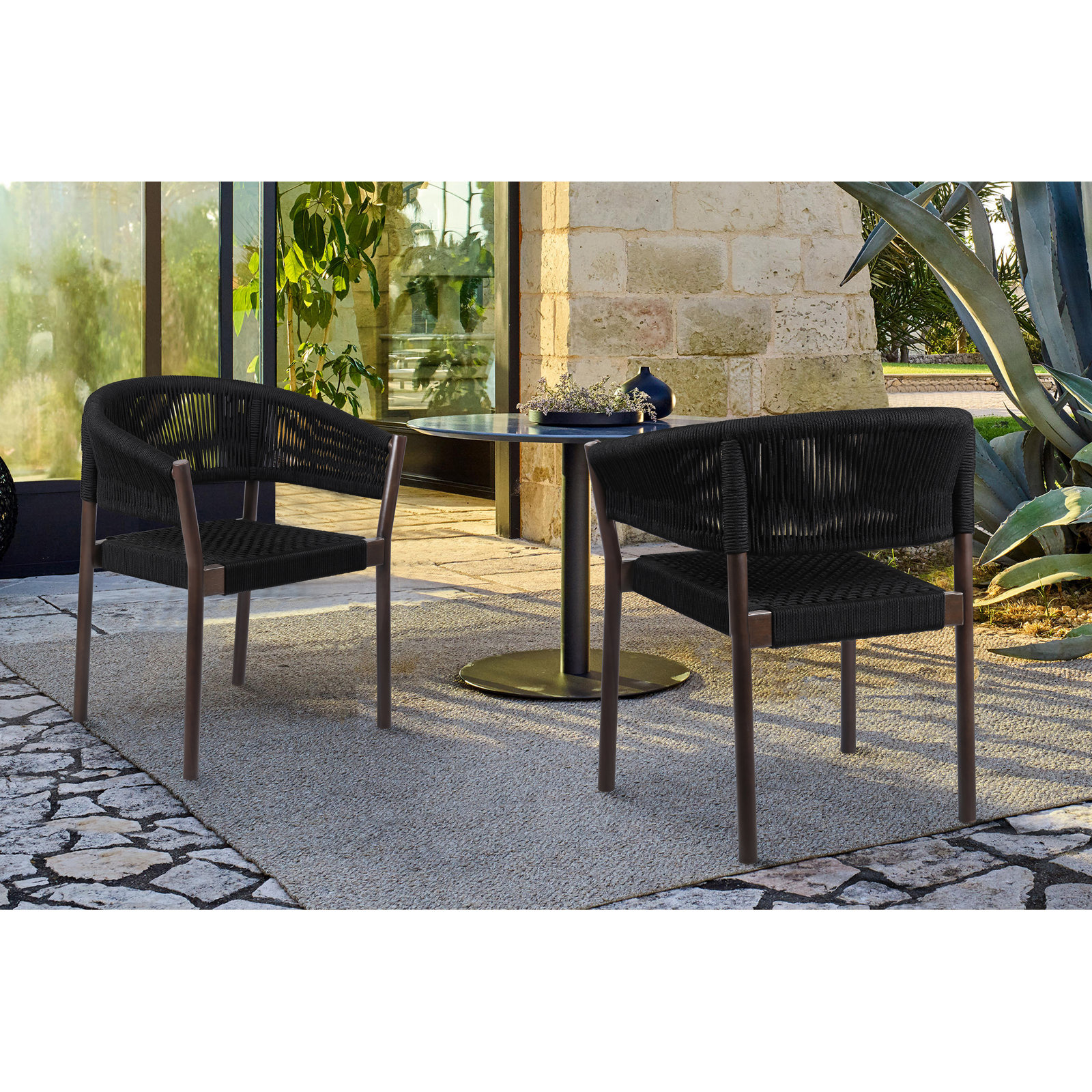 Fynn Stacking Patio Dining Chair in Eucalyptus Wood with Rope, Black/Dark Brown