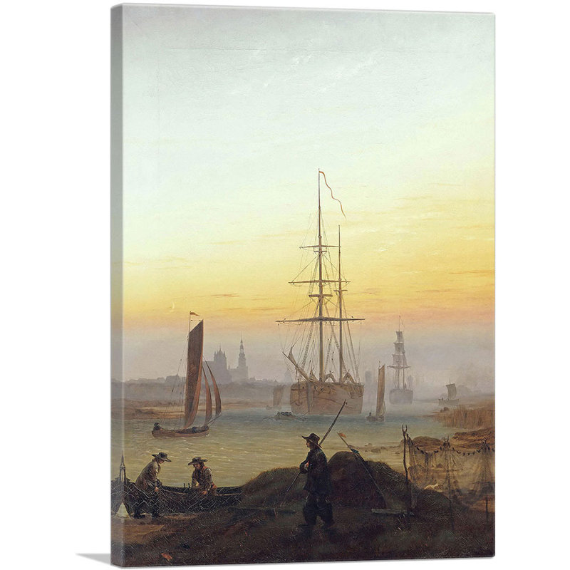 «Ships in the Harbor of Greifswald 1820» par Caspar David Frederick, reproduction d'art sur toile tendue