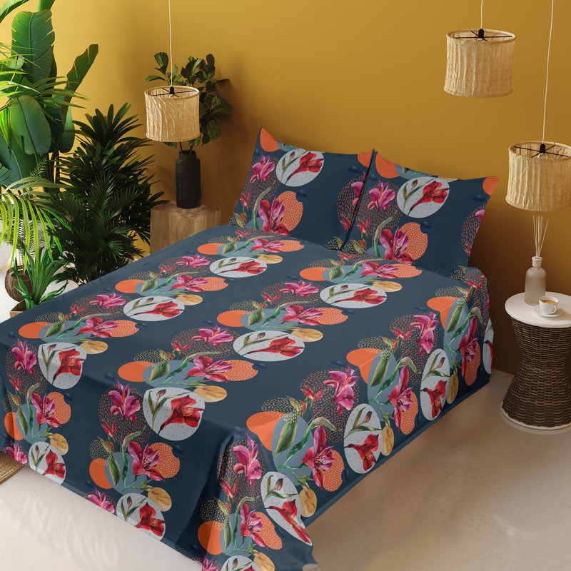 Ambesonne Watercolor Botany Sheet Set 4 Pcs Retro Boho Bloom, Vermilion Multicolor Floral, Full Sheet Set with 2 Pillowcases