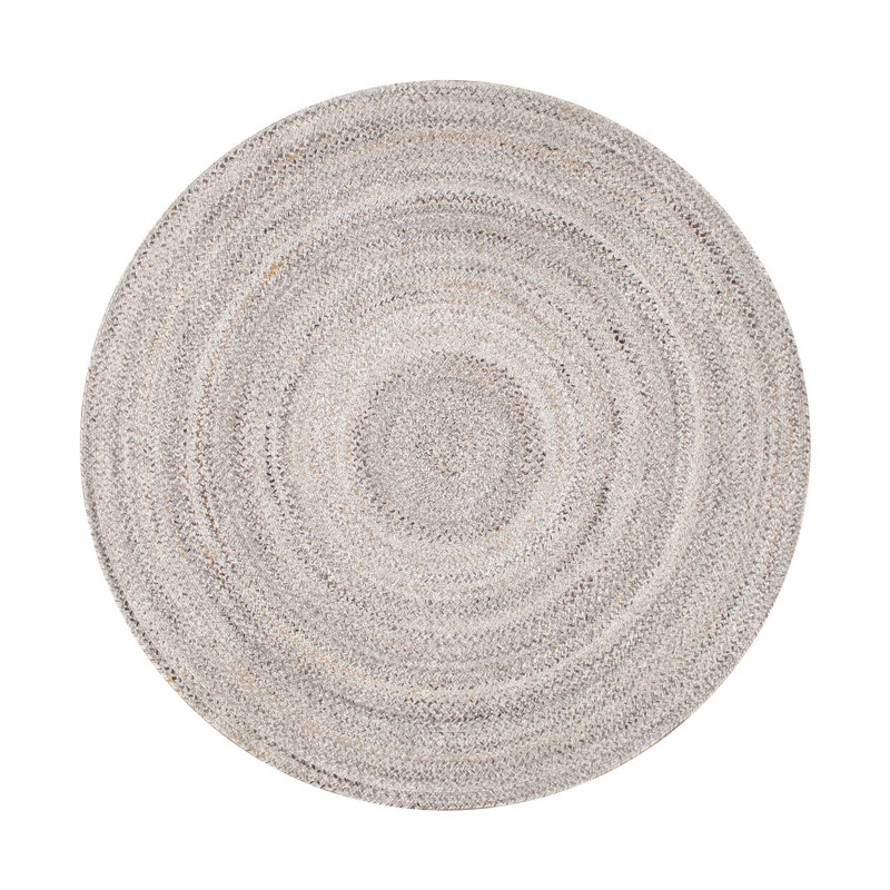 Handmade Round Gray Geometric Synthetic Braided Rug, 5' x 5'
