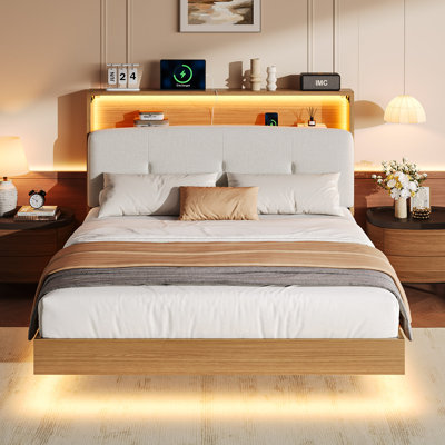 Queen Size Bed Frame  With 2-tier Storage Velvet Fabric Upholstered Headboard, Wooden Platform Bed Frame W/charging Station & Led Lights,walnut