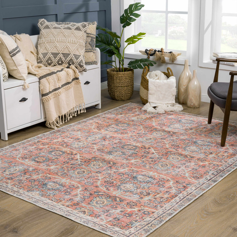 Tapis oriental rectangulaire en polyester tissé à la machine en brun, Rectangle 6 pi 7 po x 9 pi