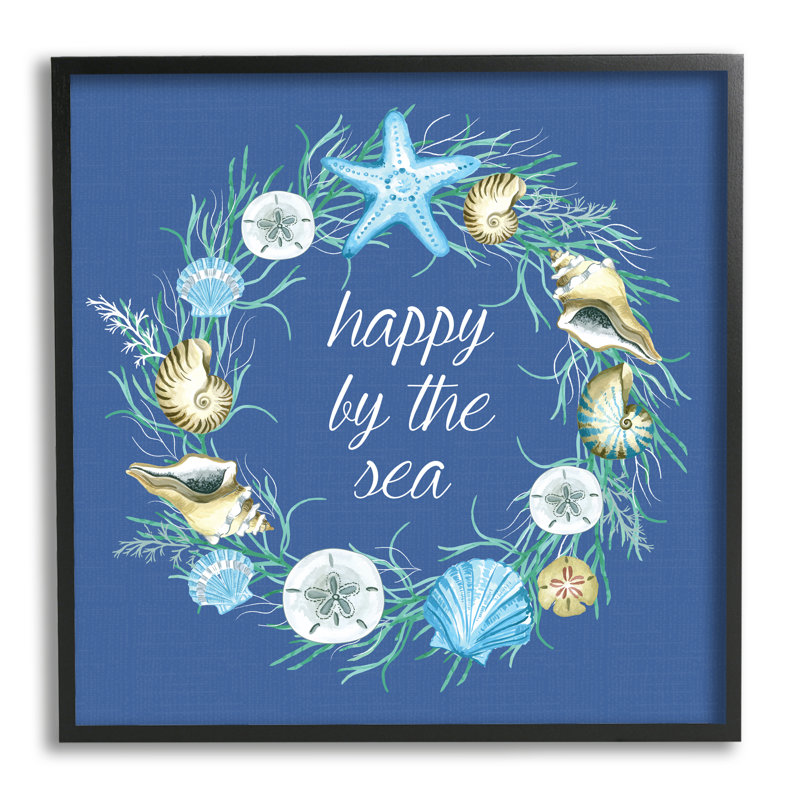 «Happy By The Sea», calligraphie aquatique, couronne de coquillages noirs, estampe numérique de Sharon Lee