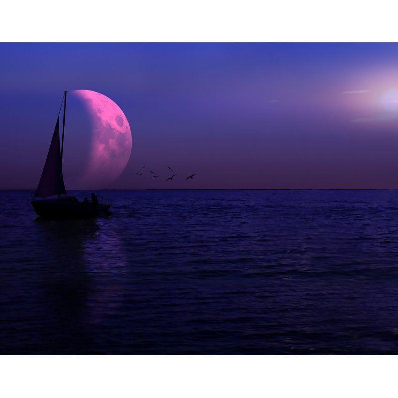 Décalcomanie murale amovible lune et voilier, H 14 po x l 18 po, Violet