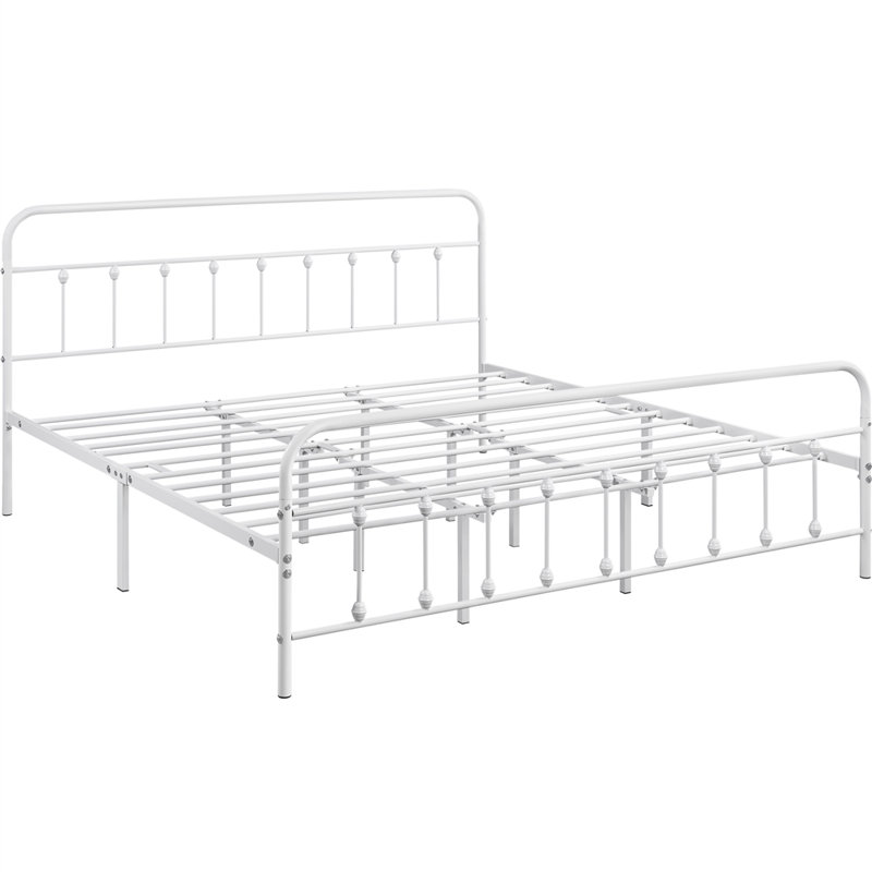 White King Metal Platform Bed with High Headboard and Slats