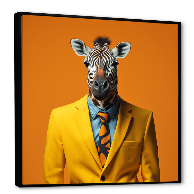 Zèbre jaune et orange assorti - art mural animal zèbre, Cadre flottant noir, H 36 po x l 36 po