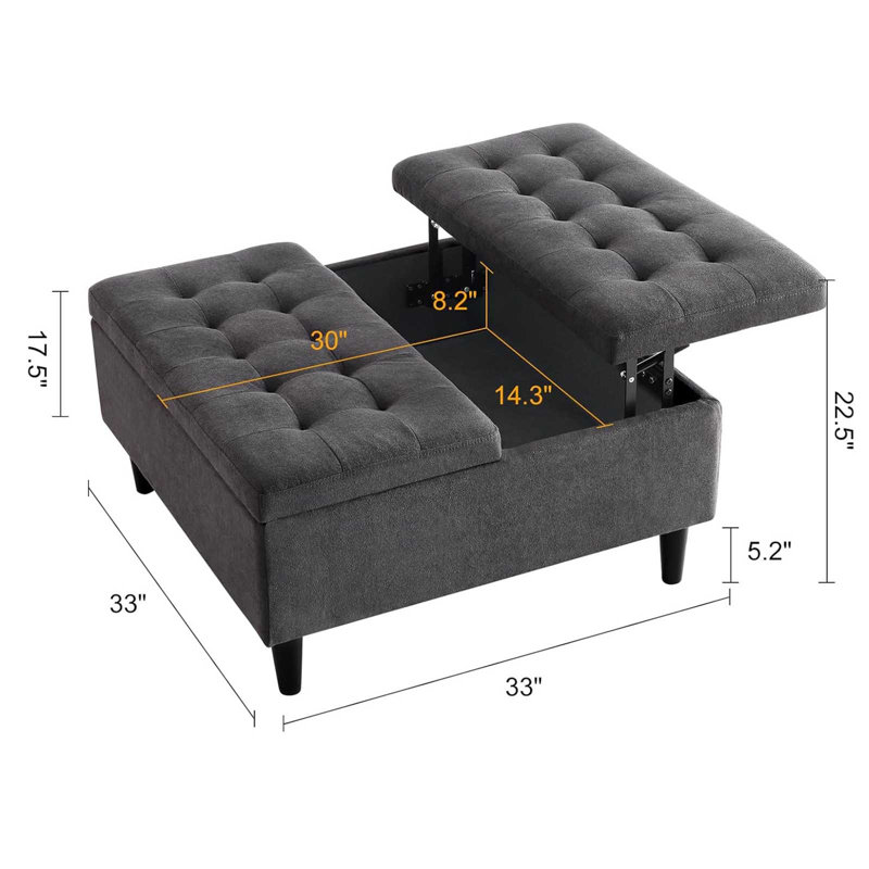 Grand repose-pieds carré 33 po avec rangement, table basse à plateau relevable rembourré capitonné en velours surdimensionné avec repose-pieds, coffre à jouets pour le salon