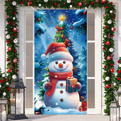 Christmas Door Cover, Front Door Covers Holiday Wall Decorations Merry Xmas Snowman Backdrop Banner