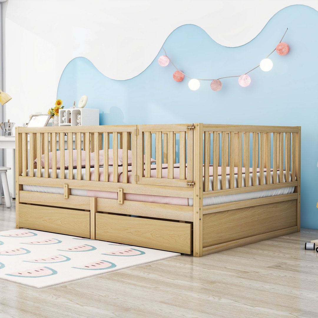 Wood 2 Drawers Floor Bed with Guardrails GoBeyondFurniture 