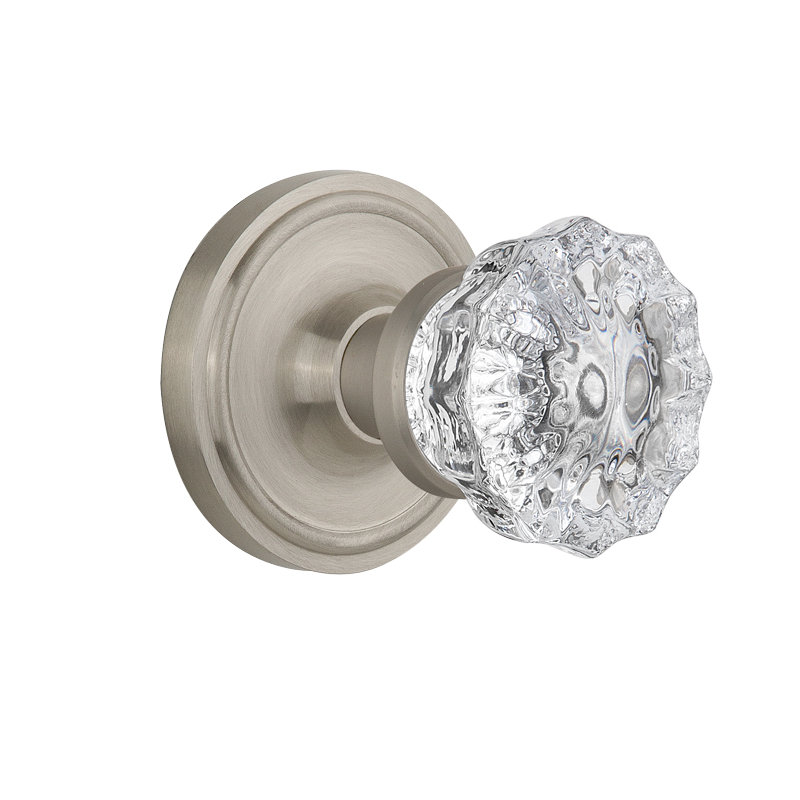 Clear Crystal Interior Mortise Door Knob with Classic Rosette, Satin Nickel
