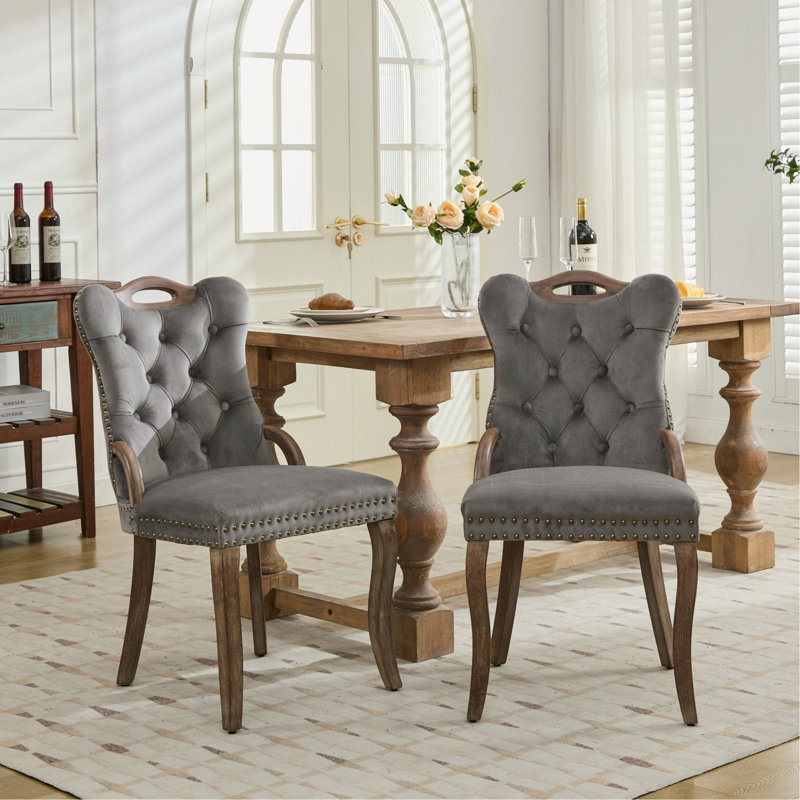 Ensemble de 2 chaises de salle à manger capitonnées, chaises de cuisine avec pieds courbés en bois massif, Velours gris