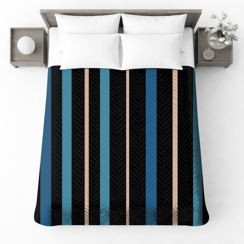 Black Blue Striped Quilted Bedspread All Sizes, Queen