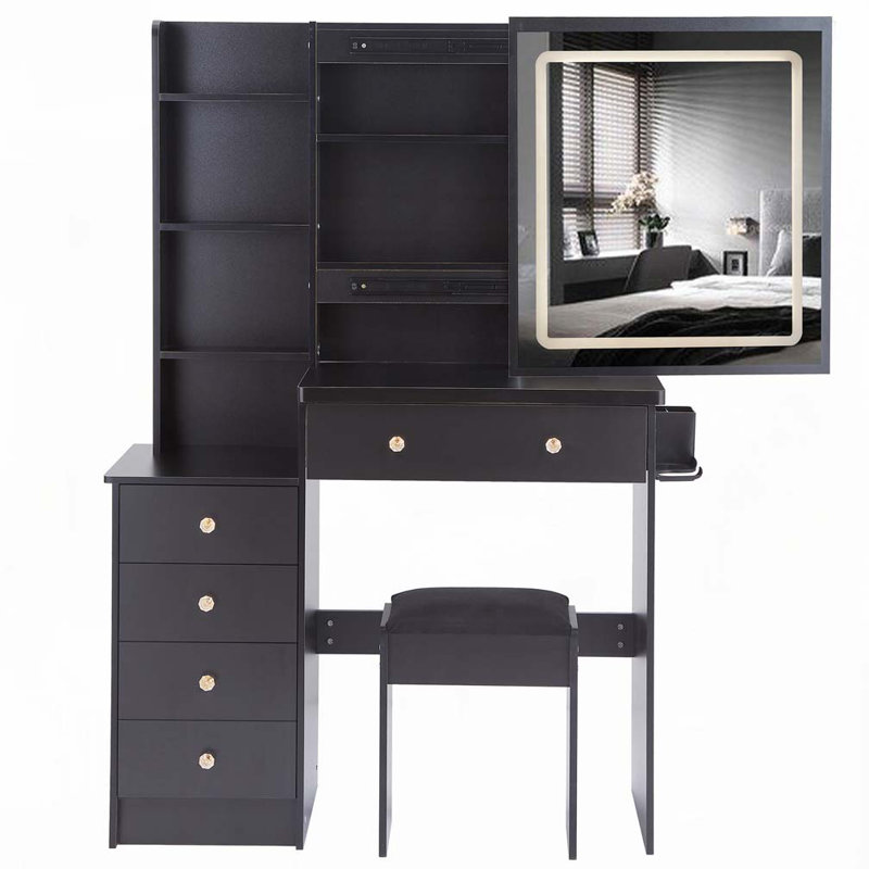 Ensemble de meuble-lavabo de 37 po de taille moyenne avec commode gauche + commode tabouret, 2 prises CA + 2 prises USB, support pour séchoir à cheveux, grand miroir à DEL tactile, interrupteur 3 couleurs, certificat EPA, GCC, UL