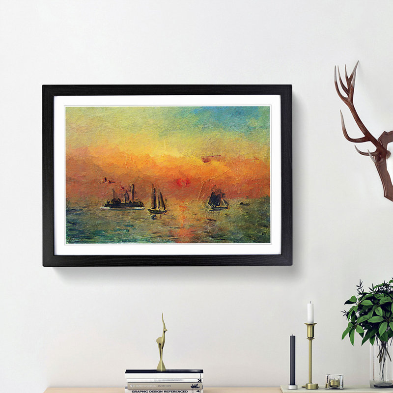 Sunrise in a Port by Fujishima Takeji - Picture Frame Painting Print, 48cm H x 65cm W x 2cm D, Black Framed