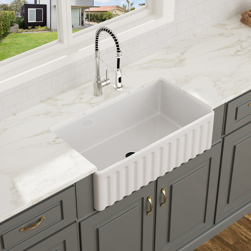 33'' L x 18" W Farmhouse Kitchen Sink White Ceramic Single Bowl Kitchen Sink Apron Front Sink