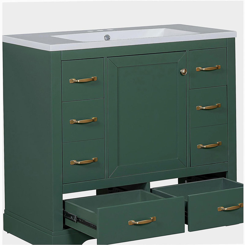 Ensemble de meuble-lavabo de 36 pouces, six tiroirs, séparateurs de tiroirs multifonctionnels, tablettes réglables, Vert